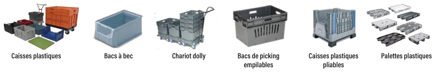 Bacs à becs, caisses plastiques, chariot dolly, supports palettes