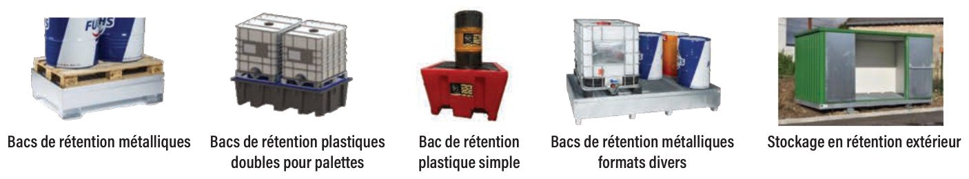 Bacs de rétention métalliques, plastiques, stockage en rétention extérieur